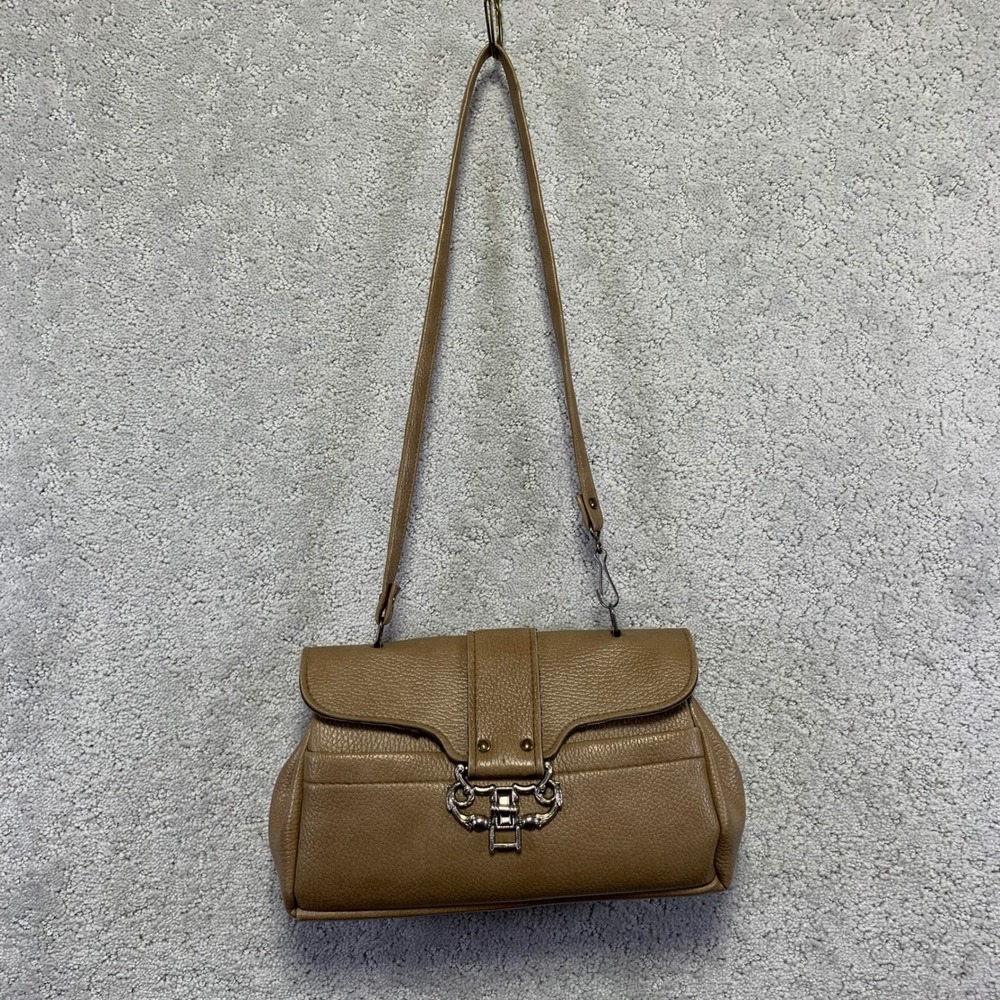 Vintage‎ Pebbled Leather Shoulder Bag Purse Tan Brown Turn Lock Flap